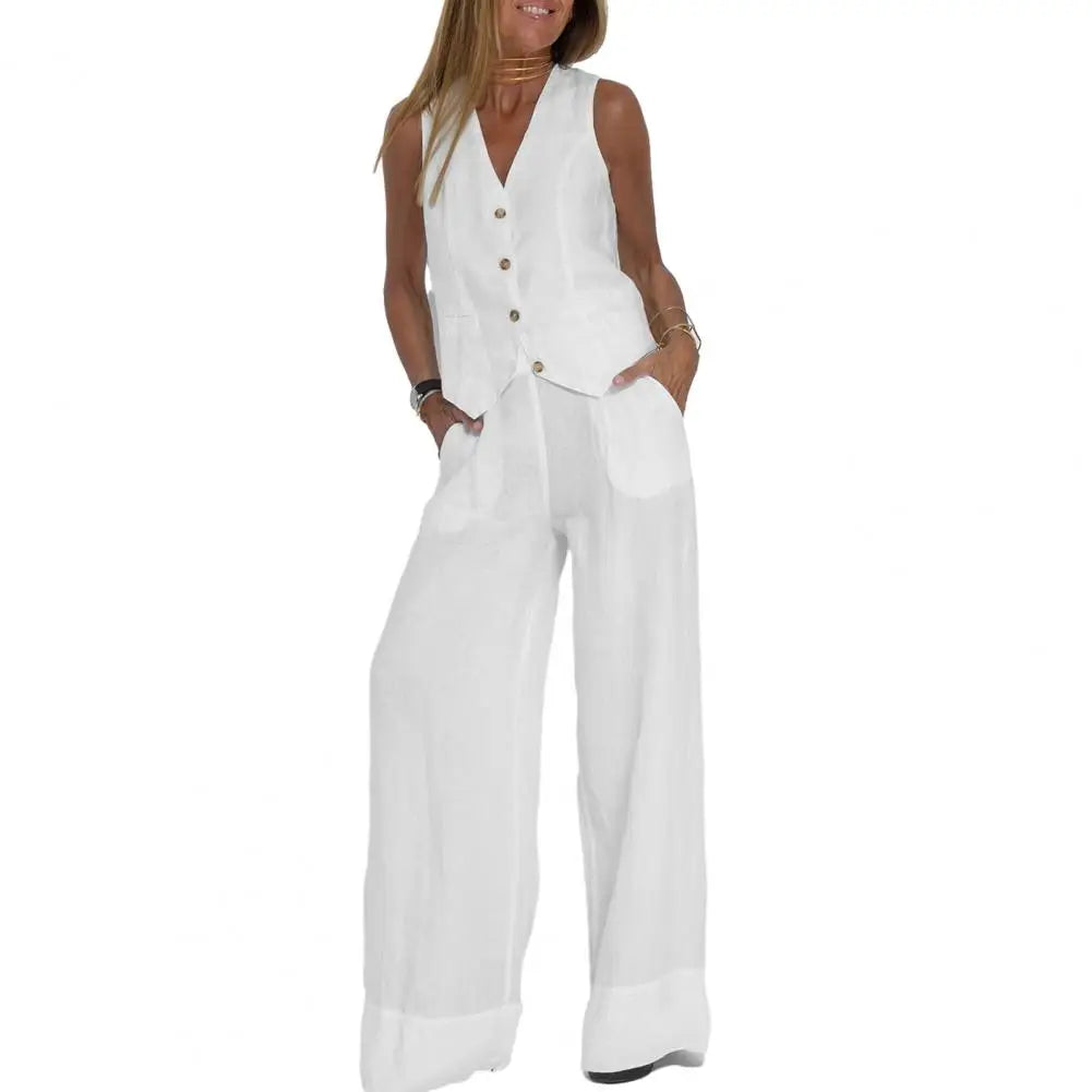 Women's 2026 White Linen Sleeveless Top + High Waist Wide Leg Pants Matching Set