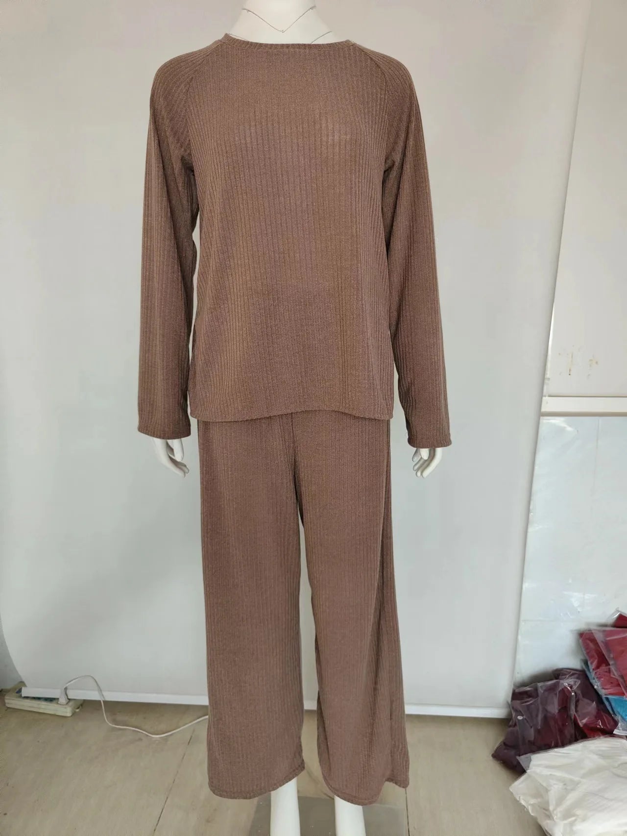 Women's Autumn Winter Solid Knit O-Neck Top + Pants Homewear 2 Piece