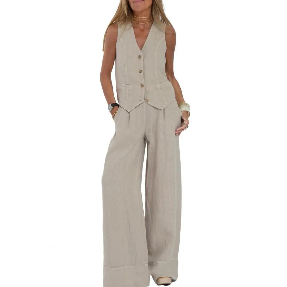 Women's 2026 White Linen Sleeveless Top + High Waist Wide Leg Pants Matching Set