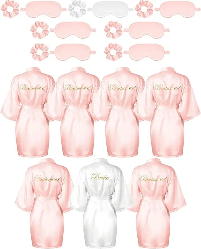 Bride Silk Satin 7 Pieces set Bridesmaid Robes + Eye Mask Headband Bridal Party Set