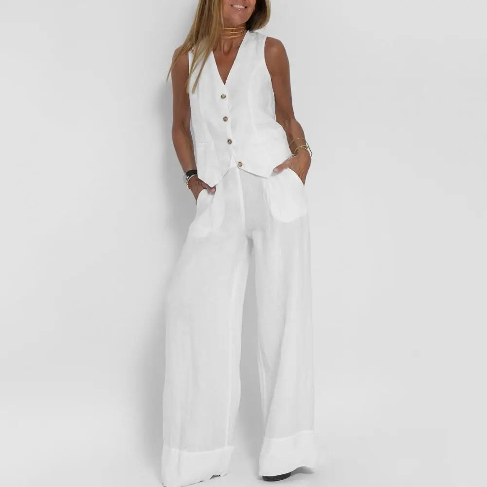 Women's 2026 White Linen Sleeveless Top + High Waist Wide Leg Pants Matching Set