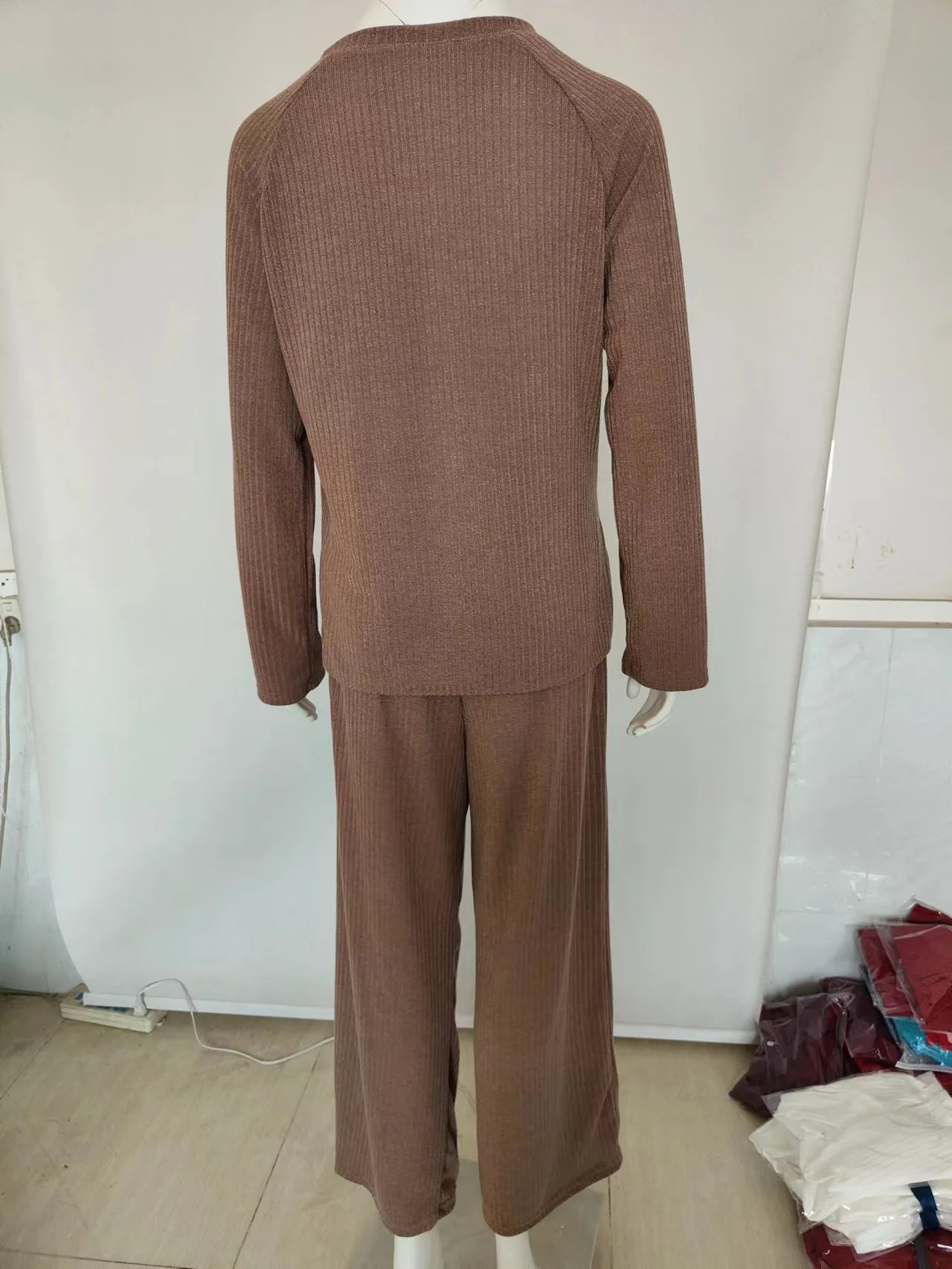 Women's Autumn Winter Solid Knit O-Neck Top + Pants Homewear 2 Piece