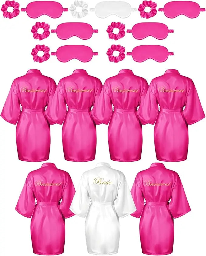 Bride Silk Satin 7 Pieces set Bridesmaid Robes + Eye Mask Headband Bridal Party Set