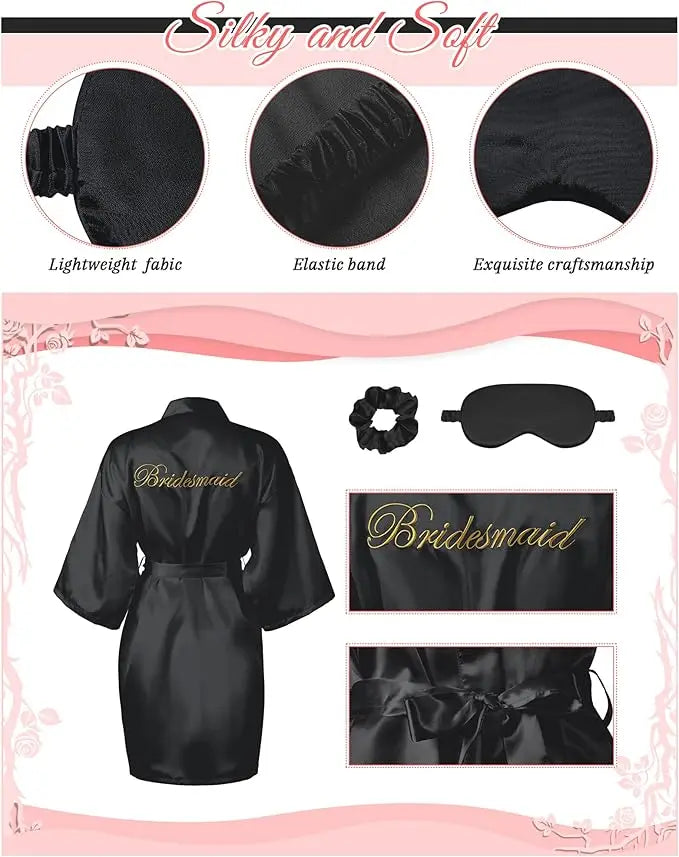 Bride Silk Satin 7 Pieces set Bridesmaid Robes + Eye Mask Headband Bridal Party Set