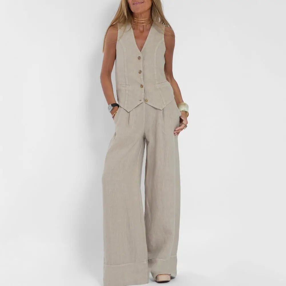 Women's 2026 White Linen Sleeveless Top + High Waist Wide Leg Pants Matching Set