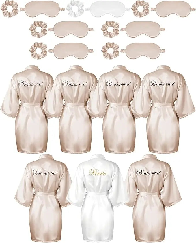 Bride Silk Satin 7 Pieces set Bridesmaid Robes + Eye Mask Headband Bridal Party Set