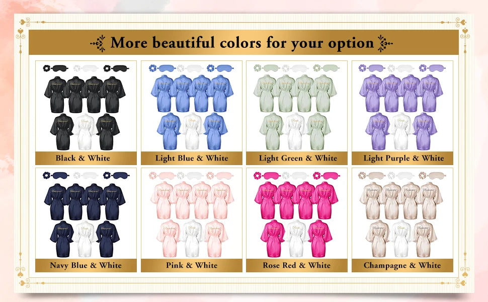 Bride Silk Satin 7 Pieces set Bridesmaid Robes + Eye Mask Headband Bridal Party Set